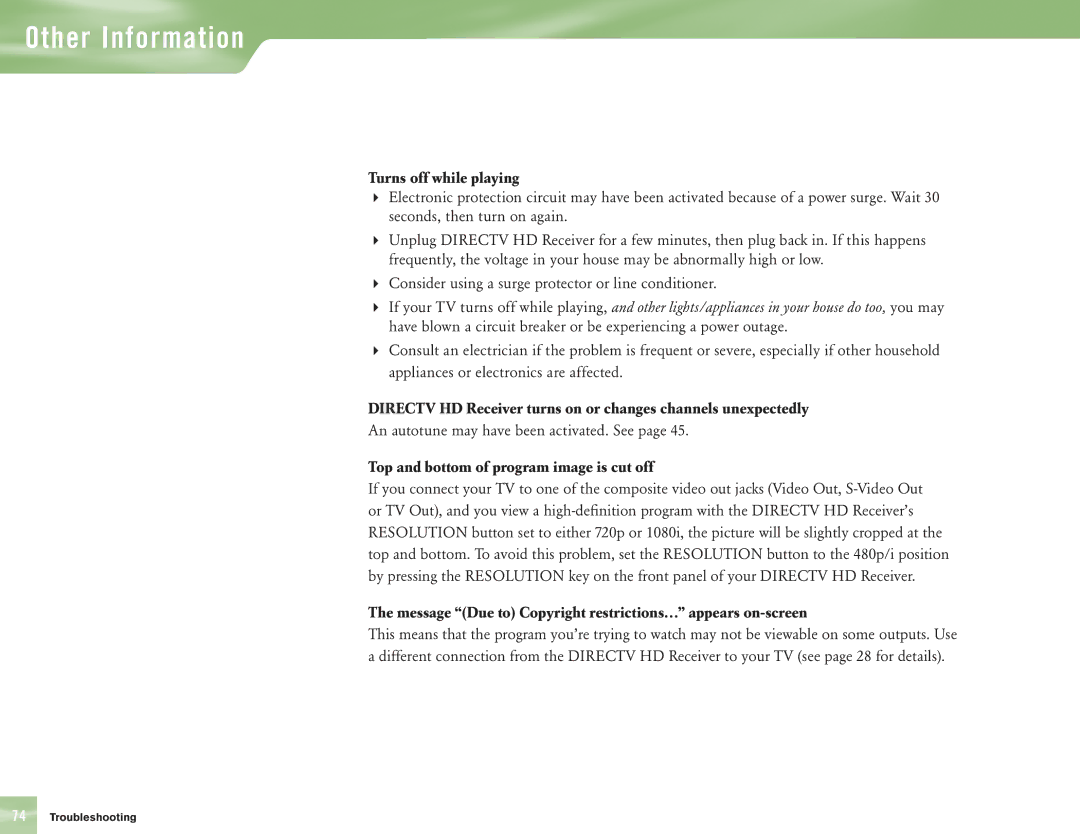 DirecTV H10 manual Turns off while playing, Top and bottom of program image is cut off 