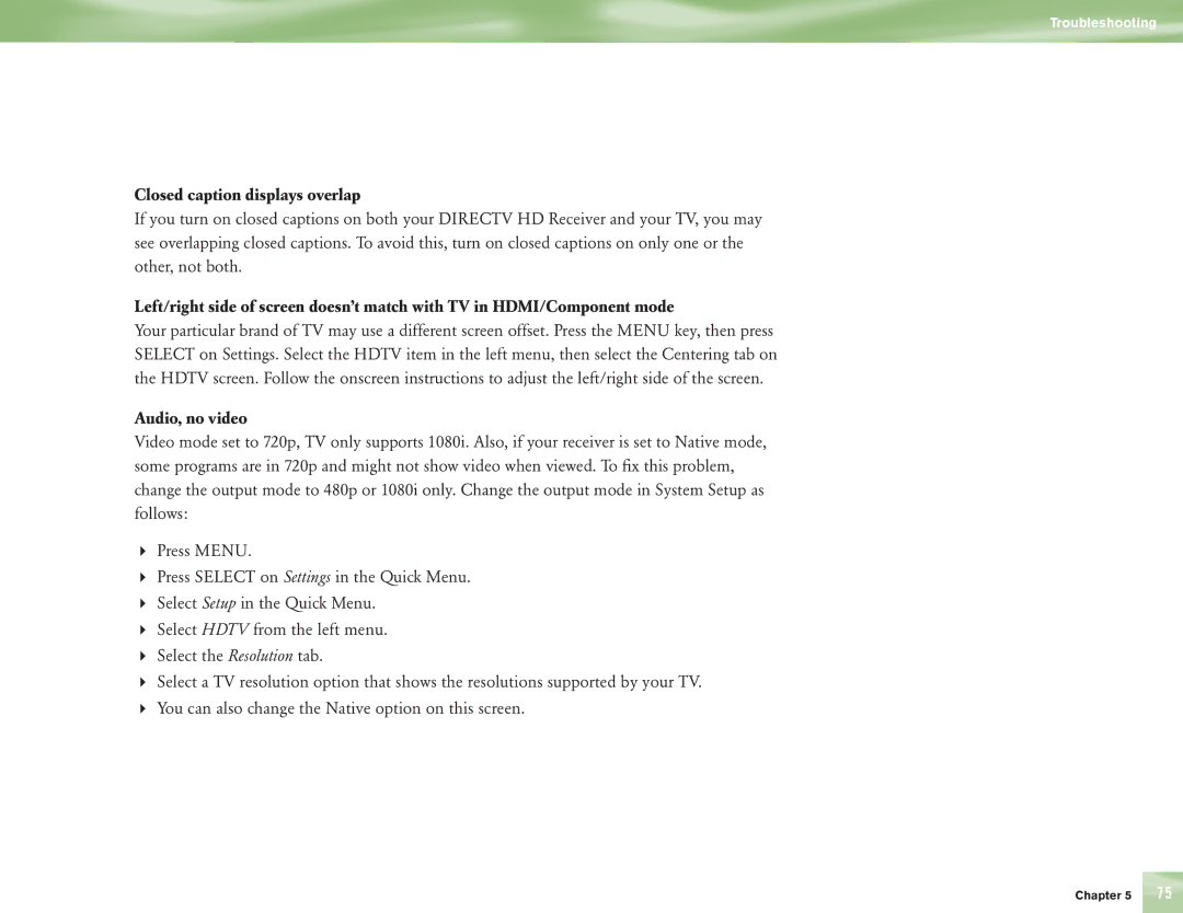 DirecTV H10 manual Closed caption displays overlap, Audio, no video 