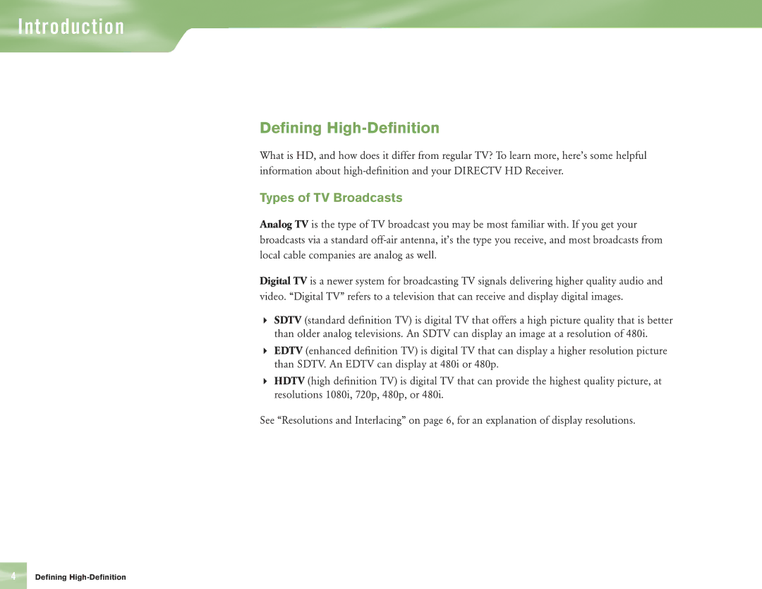 DirecTV H10 manual Defining High-Definition, Types of TV Broadcasts 