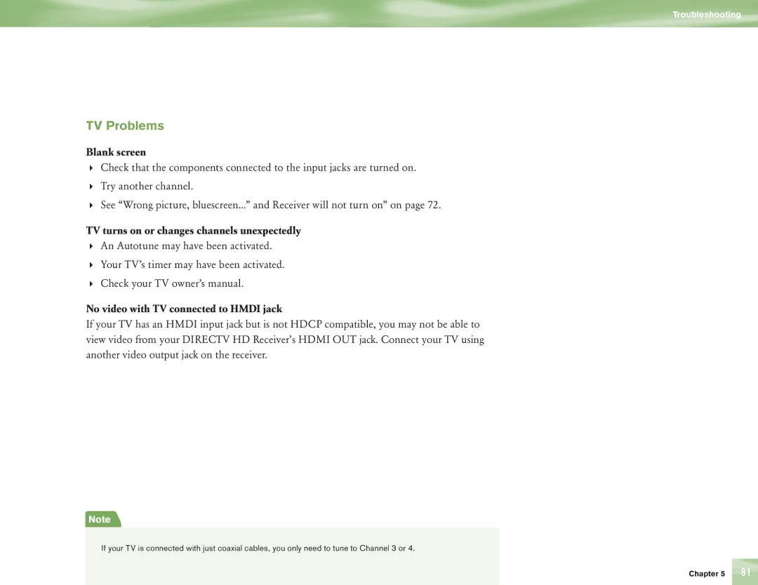 DirecTV H10 manual TV Problems, TV turns on or changes channels unexpectedly, No video with TV connected to Hmdi jack 