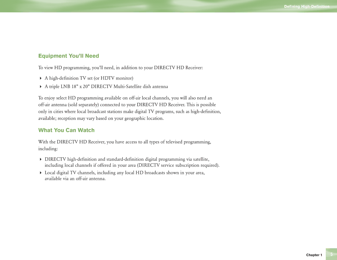 DirecTV H10 manual Equipment You’ll Need, What You Can Watch 