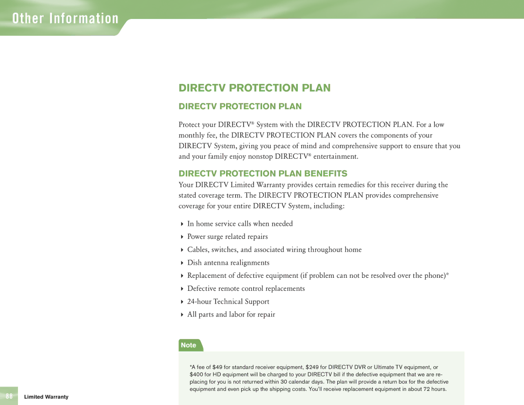 DirecTV H10 manual Directv Protection Plan 