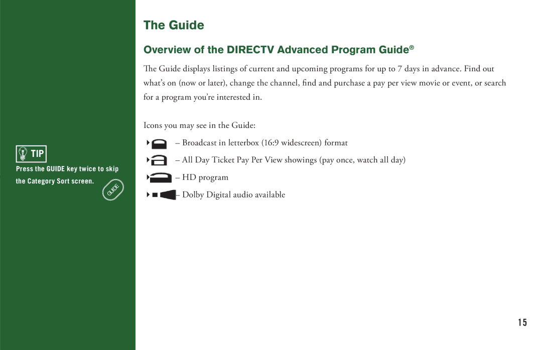 DirecTV H20 manual Overview of the Directv Advanced Program Guide 