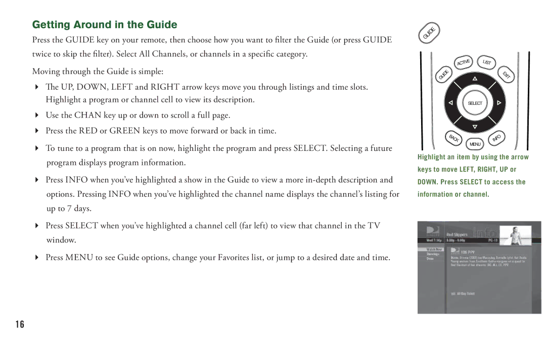 DirecTV H20 manual Getting Around in the Guide 