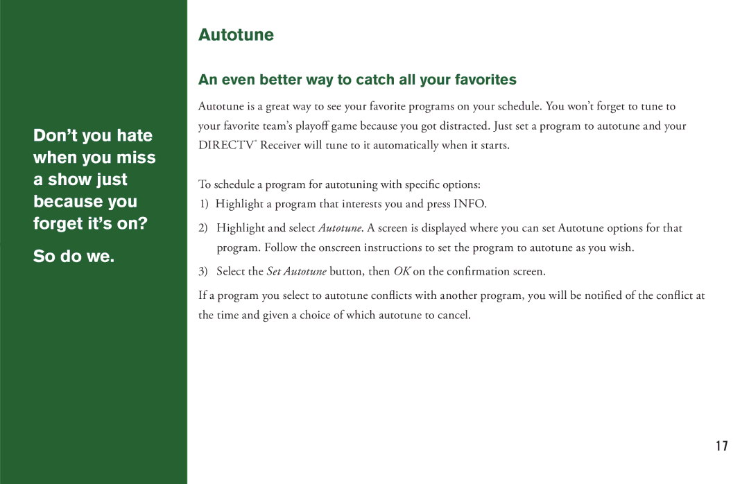 DirecTV H20 manual So do we, Autotune, An even better way to catch all your favorites 