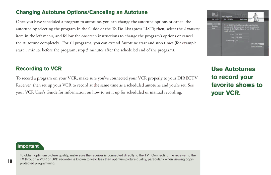 DirecTV H20 manual Use Autotunes to record your favorite shows to your VCR, Changing Autotune Options/Canceling an Autotune 