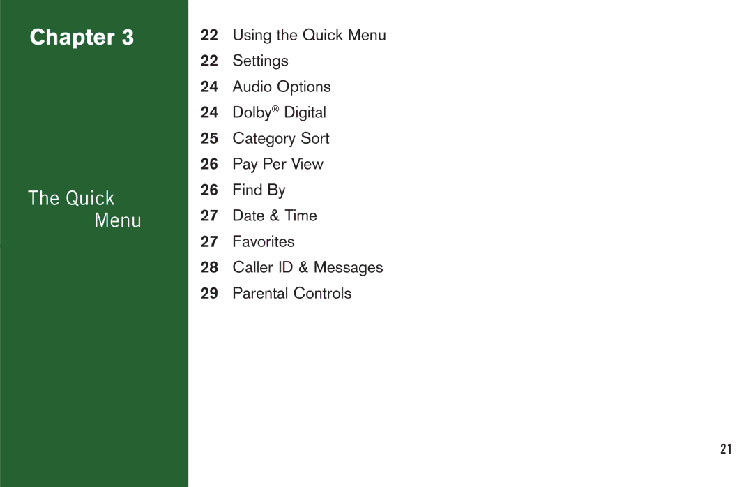 DirecTV H20 manual Quick Menu 