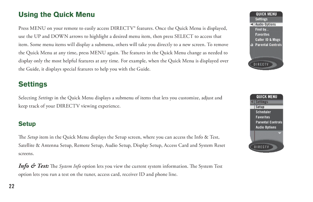 DirecTV H20 manual Using the Quick Menu, Settings, Setup 