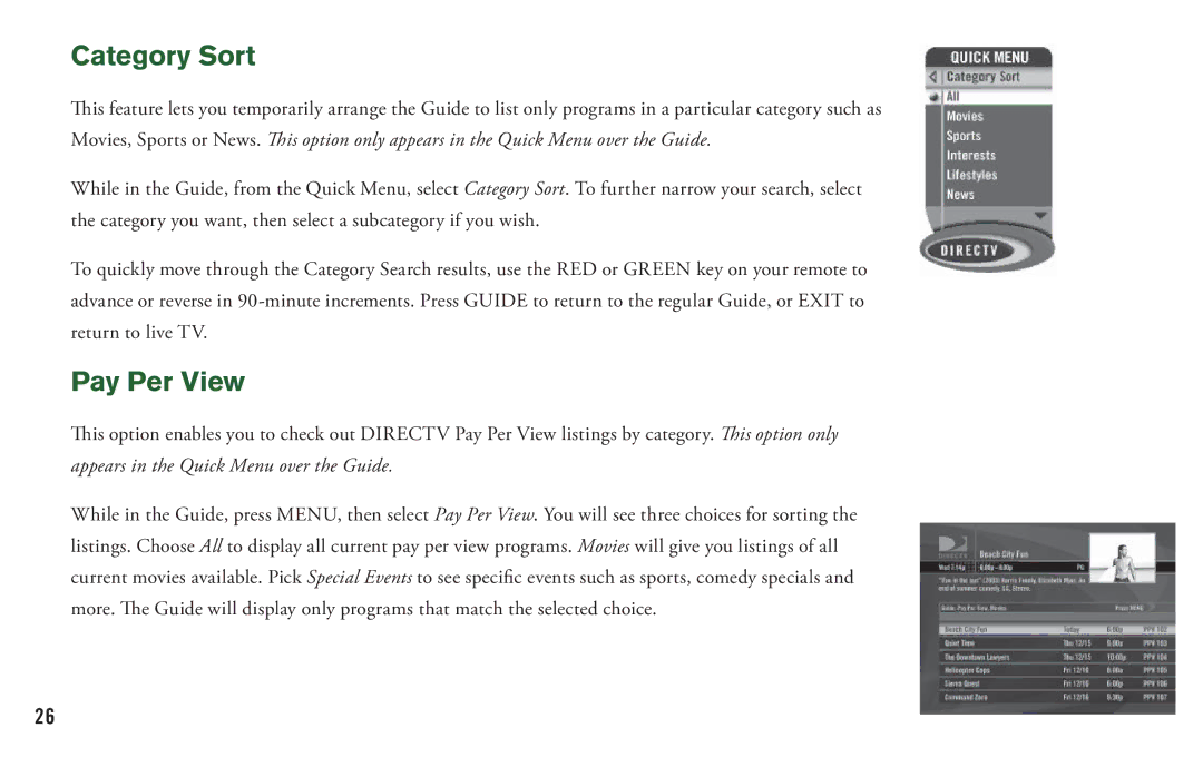 DirecTV H20 manual Category Sort, Pay Per View 