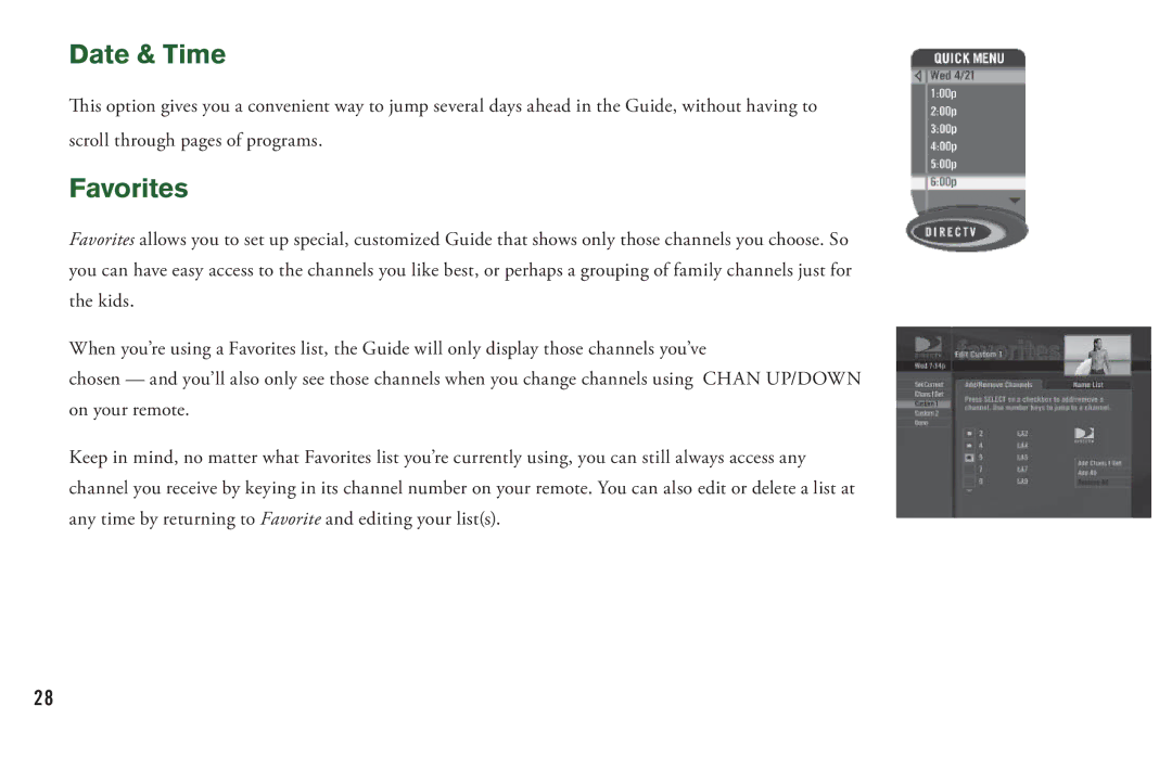 DirecTV H20 manual Date & Time, Favorites 