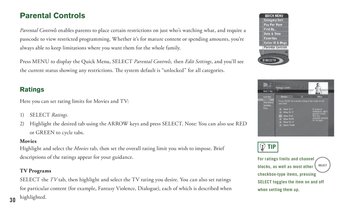 DirecTV H20 manual Parental Controls, Ratings, Movies, TV Programs 