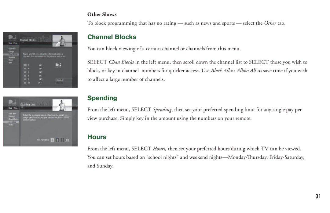 DirecTV H20 manual Channel Blocks, Spending, Hours, Other Shows 