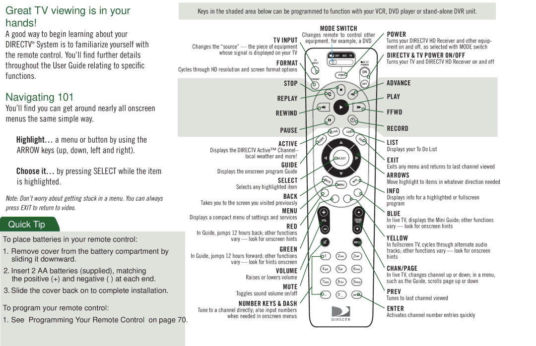 DirecTV H20 manual Great TV viewing is in your hands, Navigating 