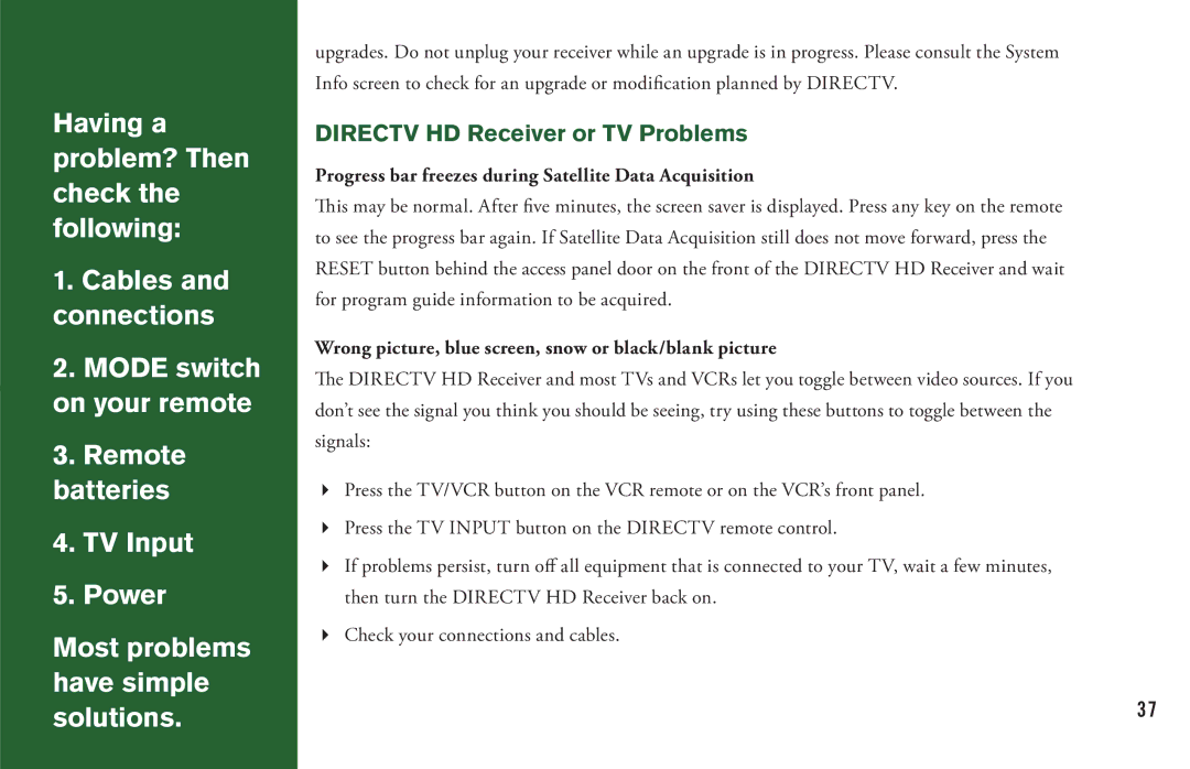 DirecTV H20 manual Directv HD Receiver or TV Problems, Progress bar freezes during Satellite Data Acquisition 