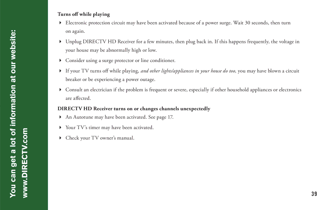 DirecTV H20 manual You can get a lot of information at our website, Turns oﬀ while playing 