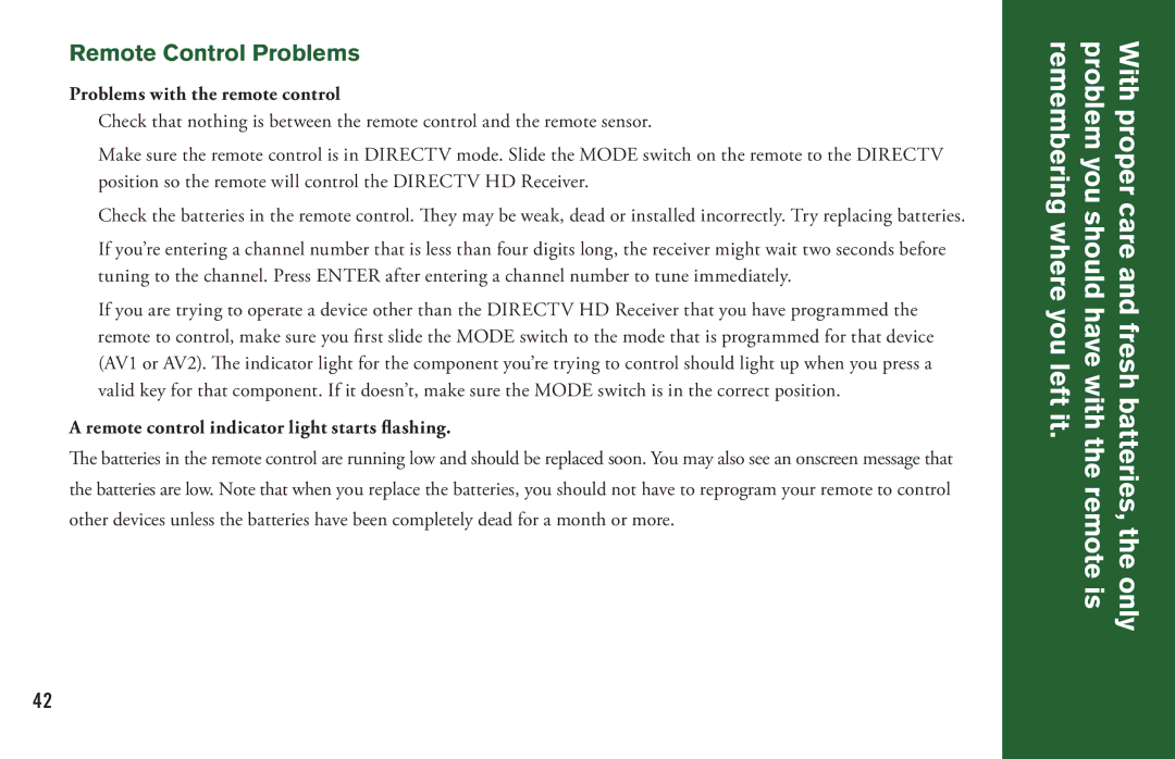 DirecTV H20 manual Remote Control Problems, Problems with the remote control, Remote control indicator light starts ﬂashing 