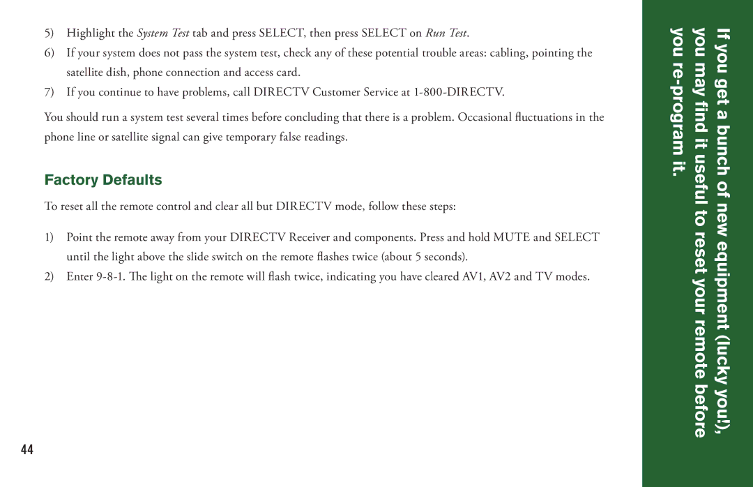 DirecTV H20 manual Factory Defaults 