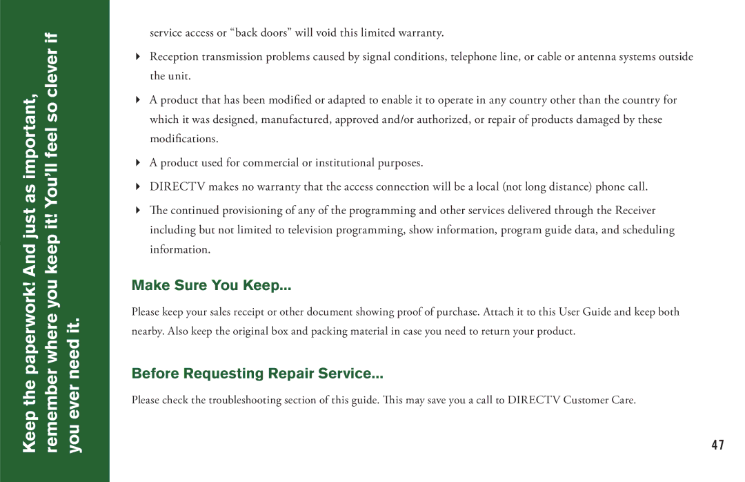 DirecTV H20 manual You ever need it, Make Sure You Keep, Before Requesting Repair Service 