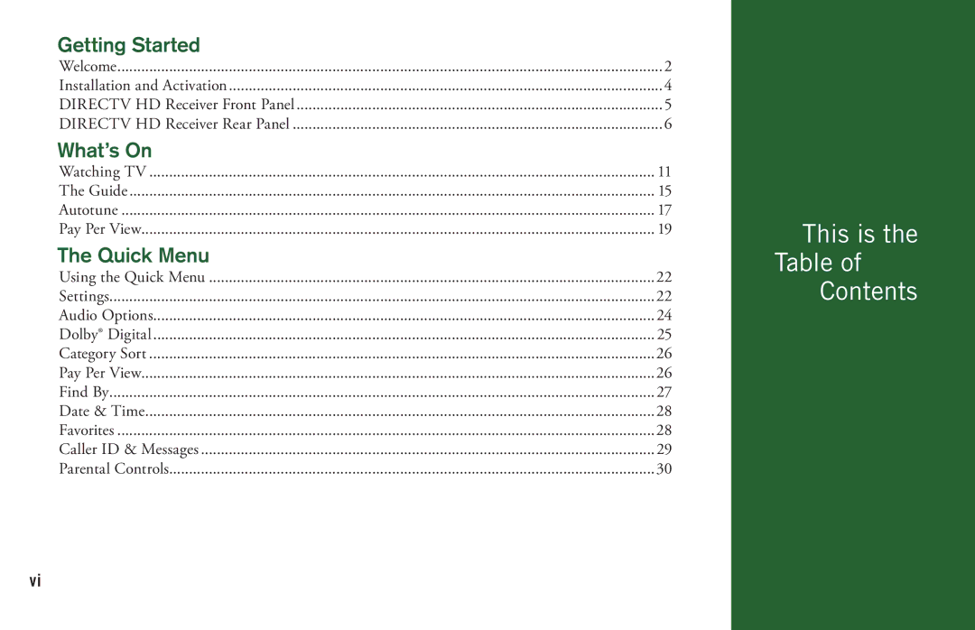 DirecTV H20 manual This is the Table Contents 