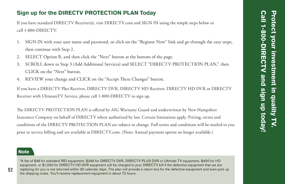 DirecTV H20 manual Quality TV, Sign up for the Directv Protection Plan Today 