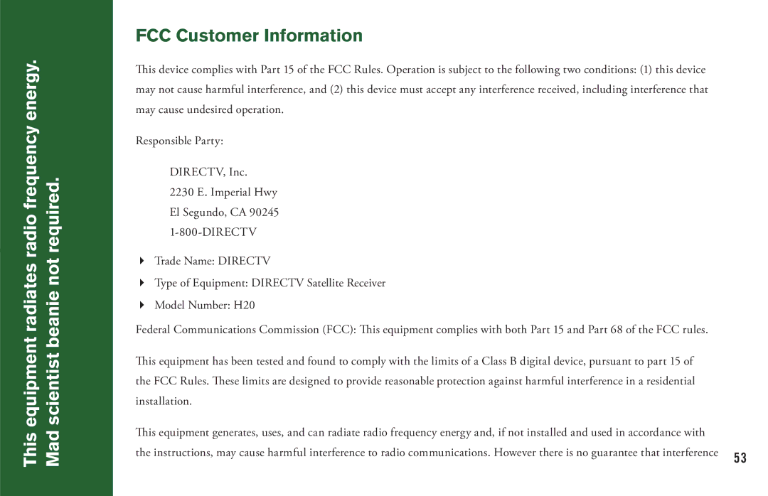 DirecTV H20 manual FCC Customer Information 