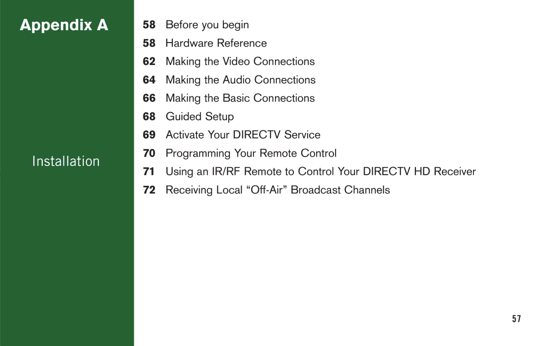 DirecTV H20 manual Appendix a 