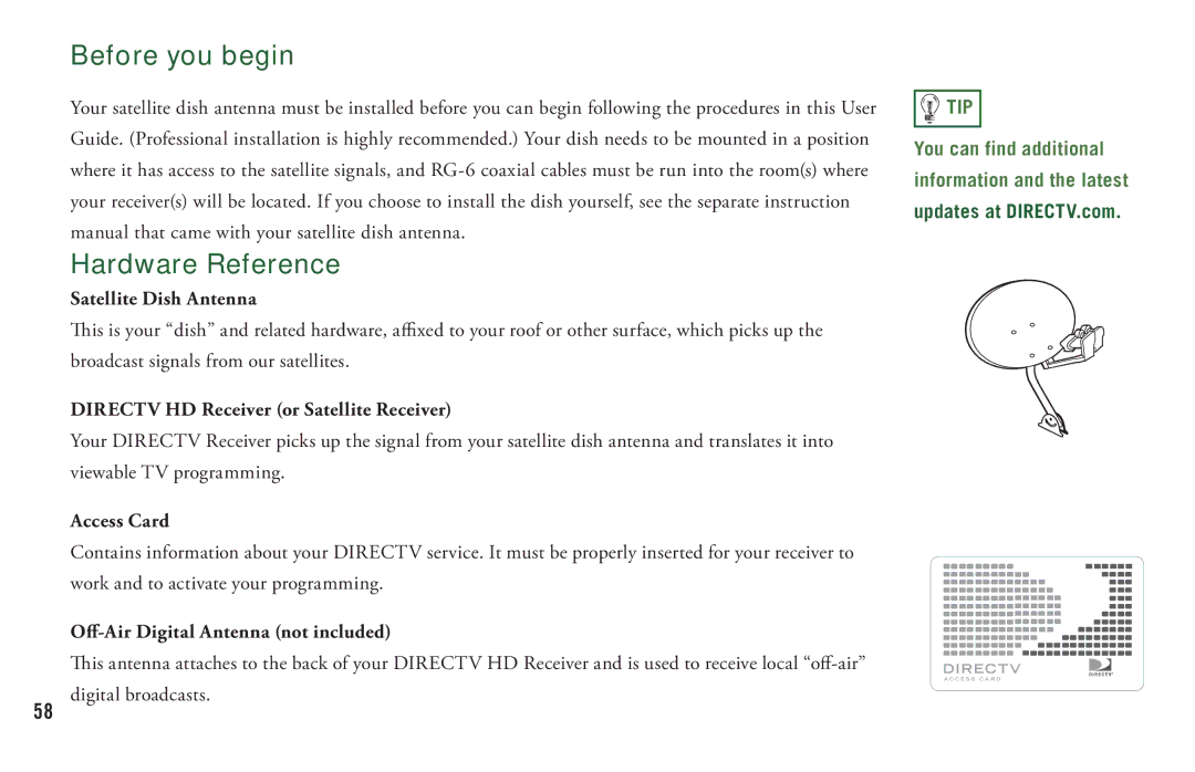 DirecTV H20 manual Before you begin Hardware Reference, Satellite Dish Antenna, Directv HD Receiver or Satellite Receiver 