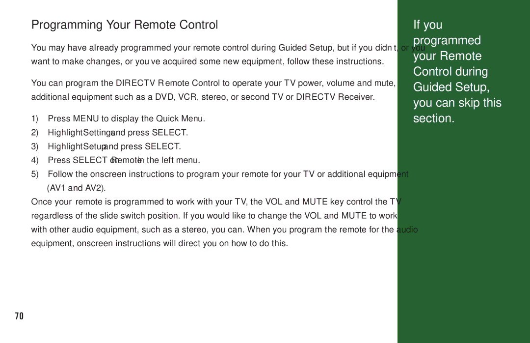 DirecTV H20 manual Programming Your Remote Control 