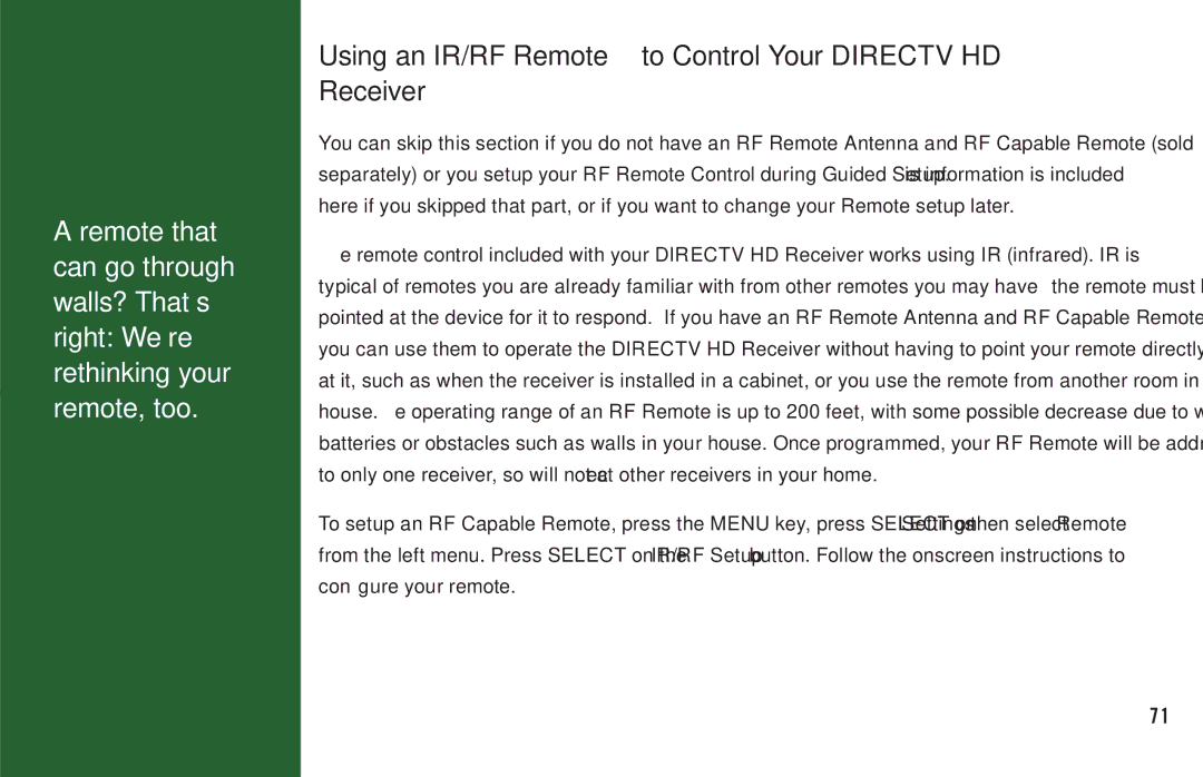 DirecTV H20 manual Using an IR/RF Remote to Control Your Directv HD Receiver 