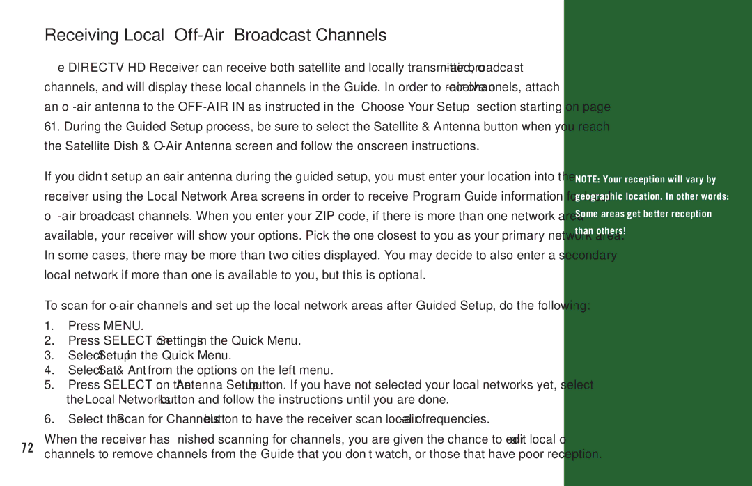 DirecTV H20 manual Receiving Local Off-Air Broadcast Channels 