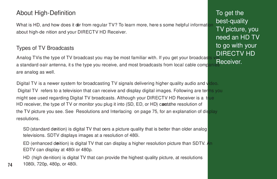 DirecTV H20 manual About High-Definition, Types of TV Broadcasts 