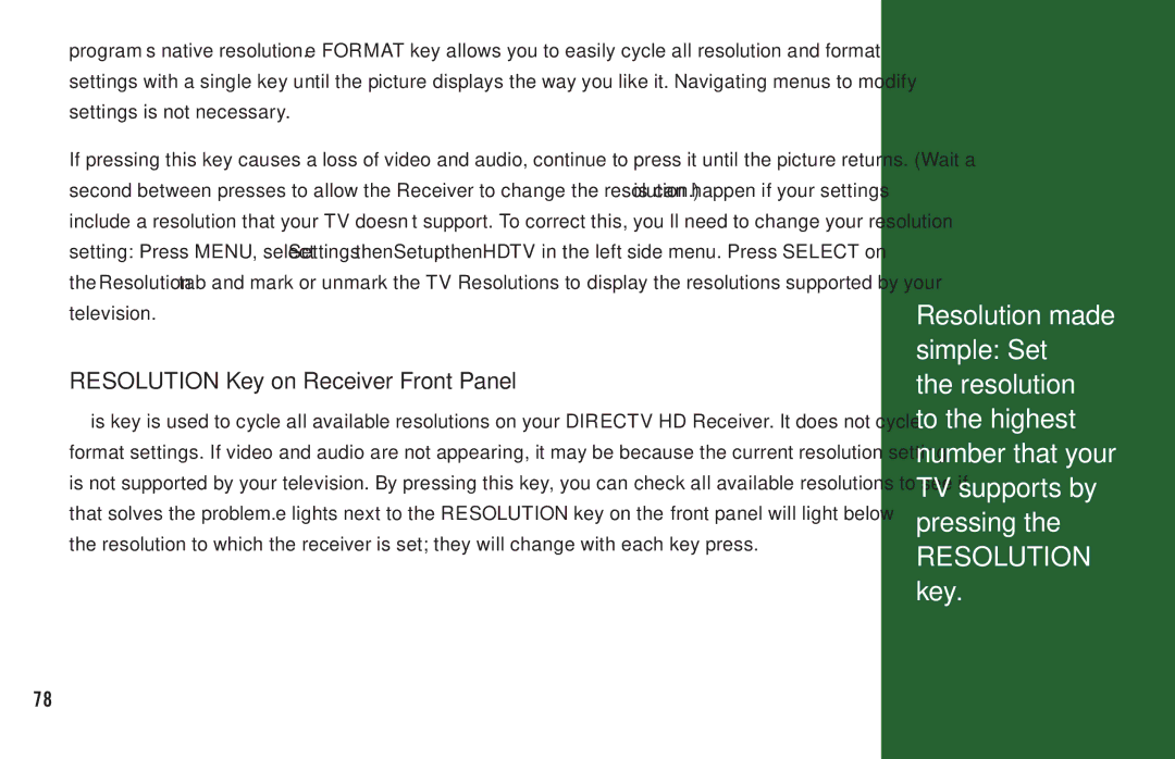 DirecTV H20 manual Resolution made simple Set, Resolution key, Resolution Key on Receiver Front Panel 