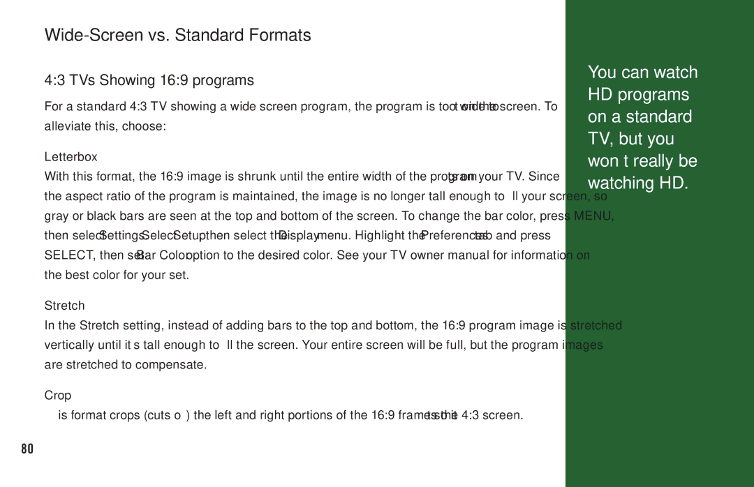 DirecTV H20 manual Wide-Screen vs. Standard Formats, TVs Showing 169 programs, Letterbox, Stretch, Crop 