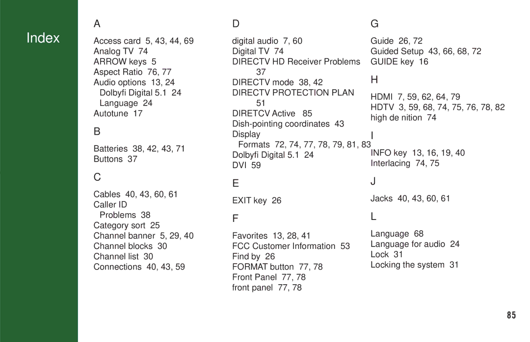 DirecTV H20 manual Index 