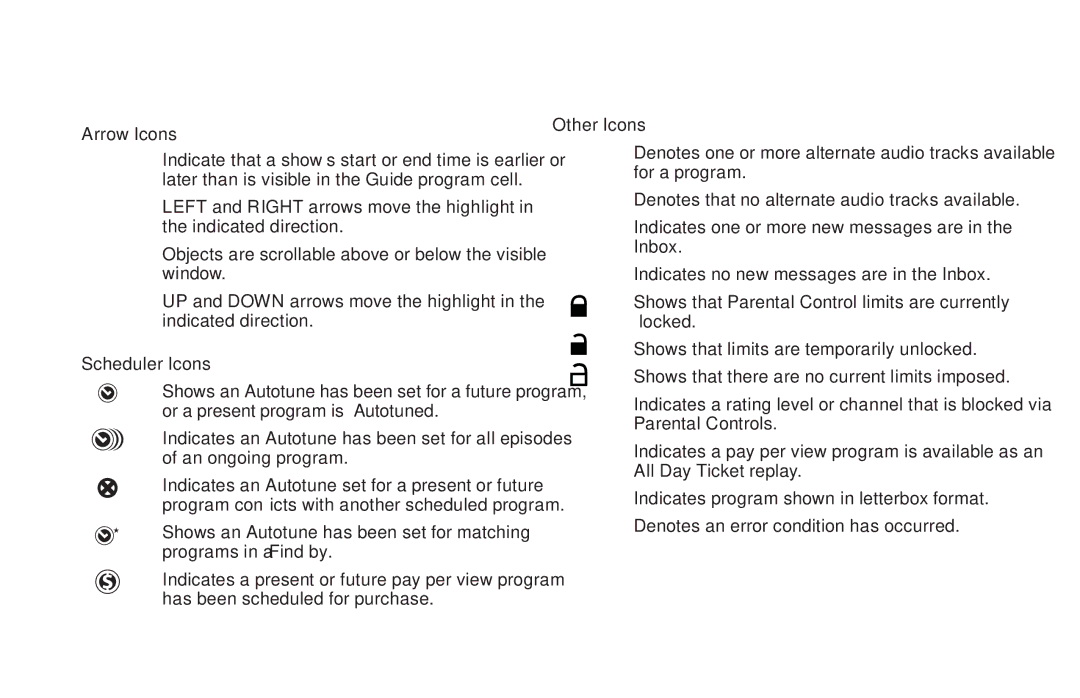 DirecTV H20 manual Icon Reference, Arrow Icons, Scheduler Icons, Other Icons 