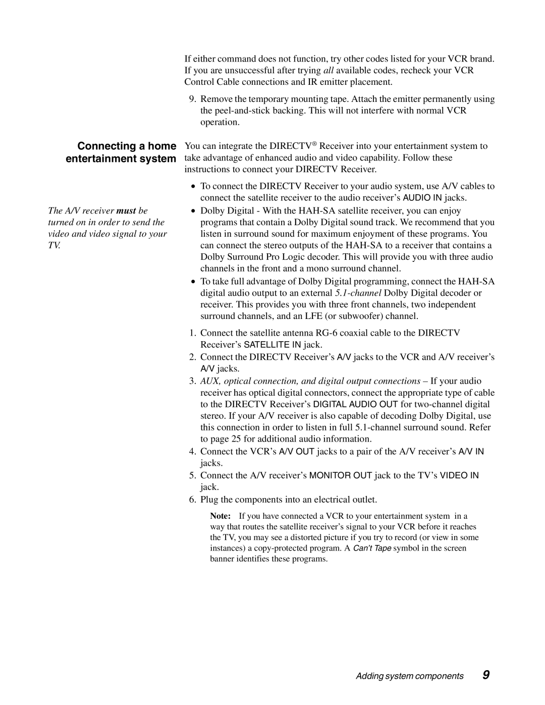 DirecTV HAH-SA manual Connecting a home entertainment system 