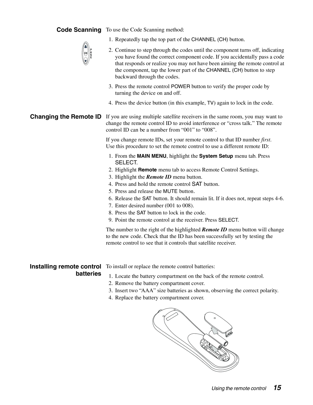 DirecTV HAH-SA manual Changing the Remote ID, Installing remote control batteries 