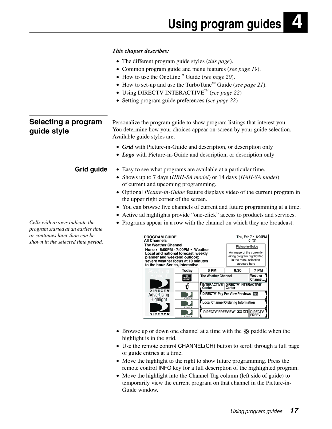 DirecTV HAH-SA manual Using program guides, Grid guide 