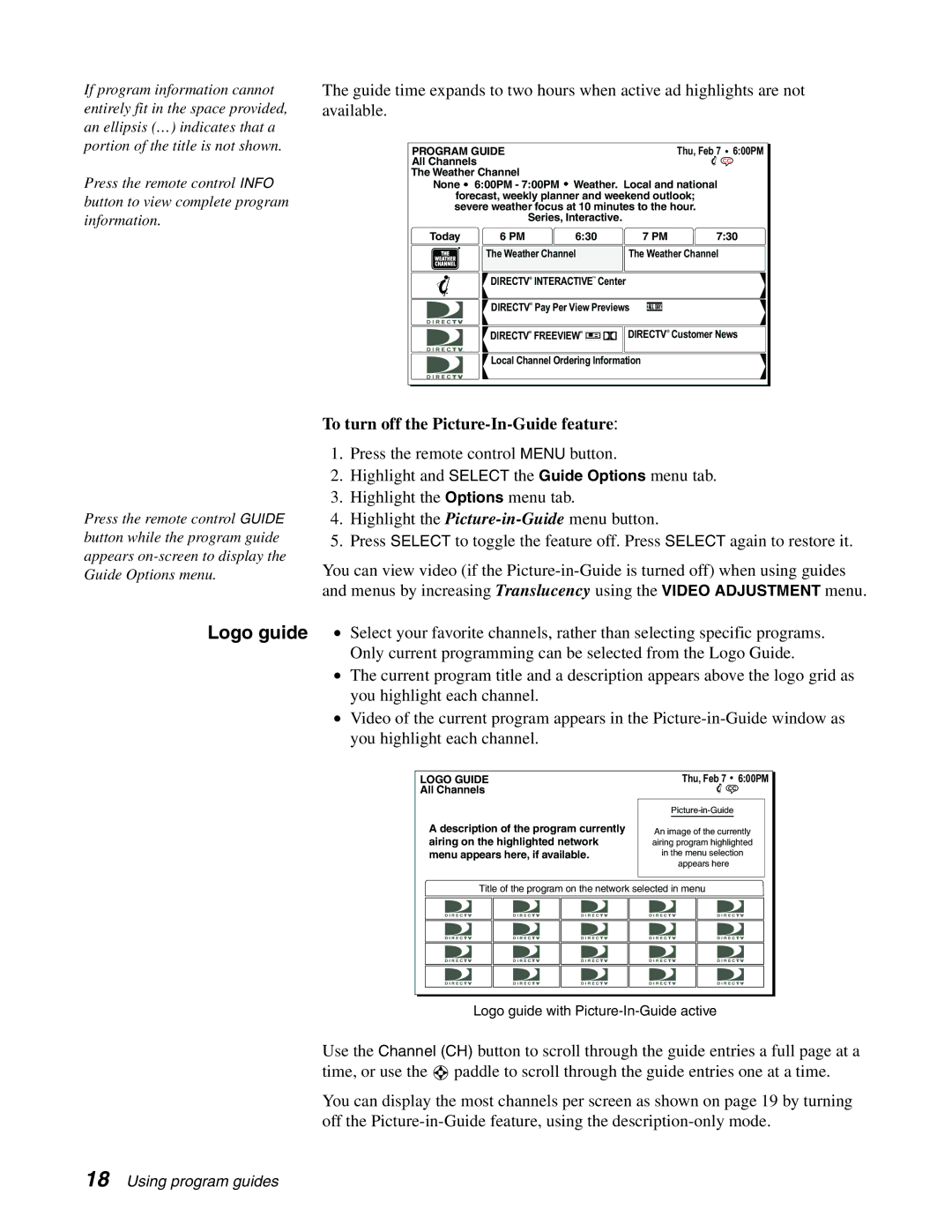 DirecTV HAH-SA manual Logo guide, To turn off the Picture-In-Guide feature 