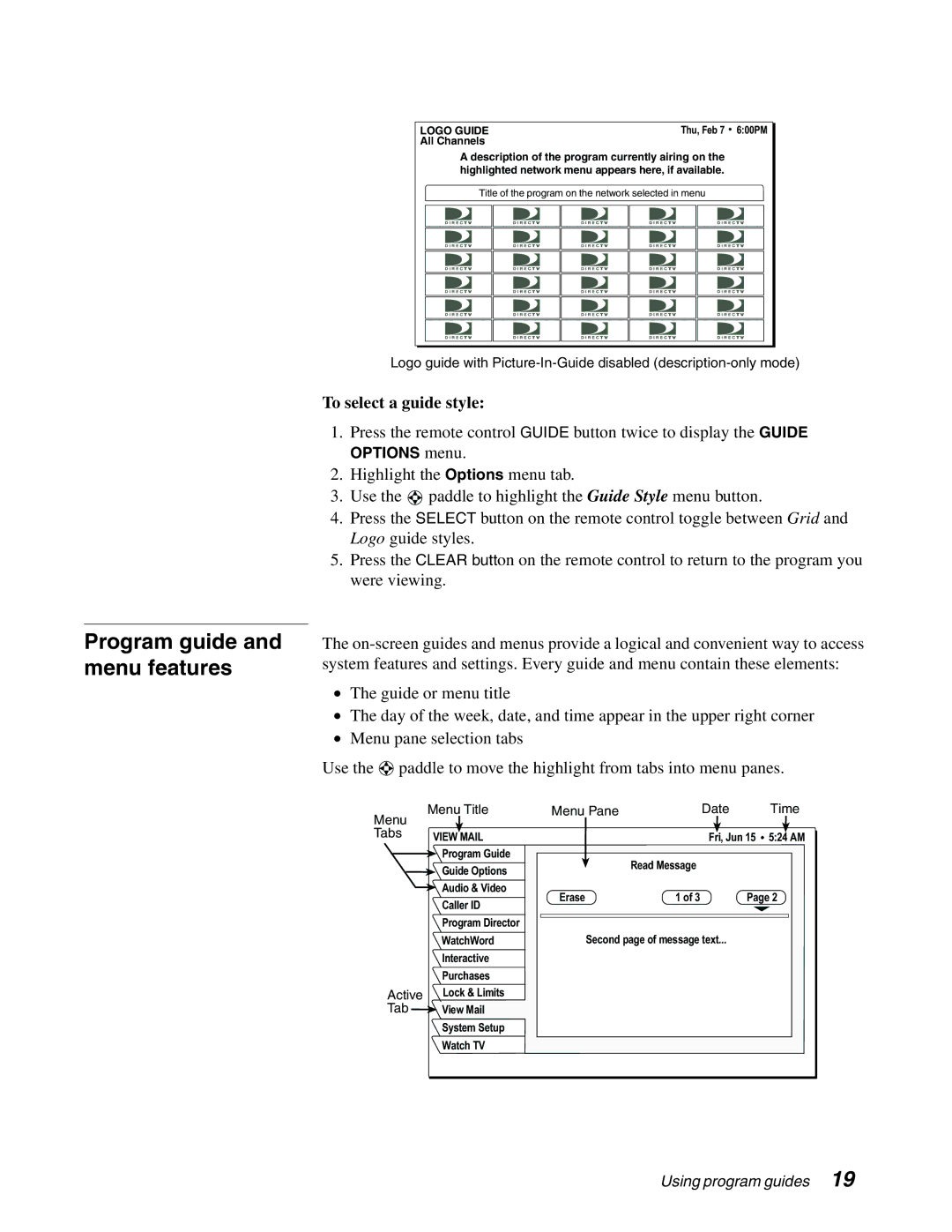 DirecTV HAH-SA manual Program guide and menu features, View Mail 