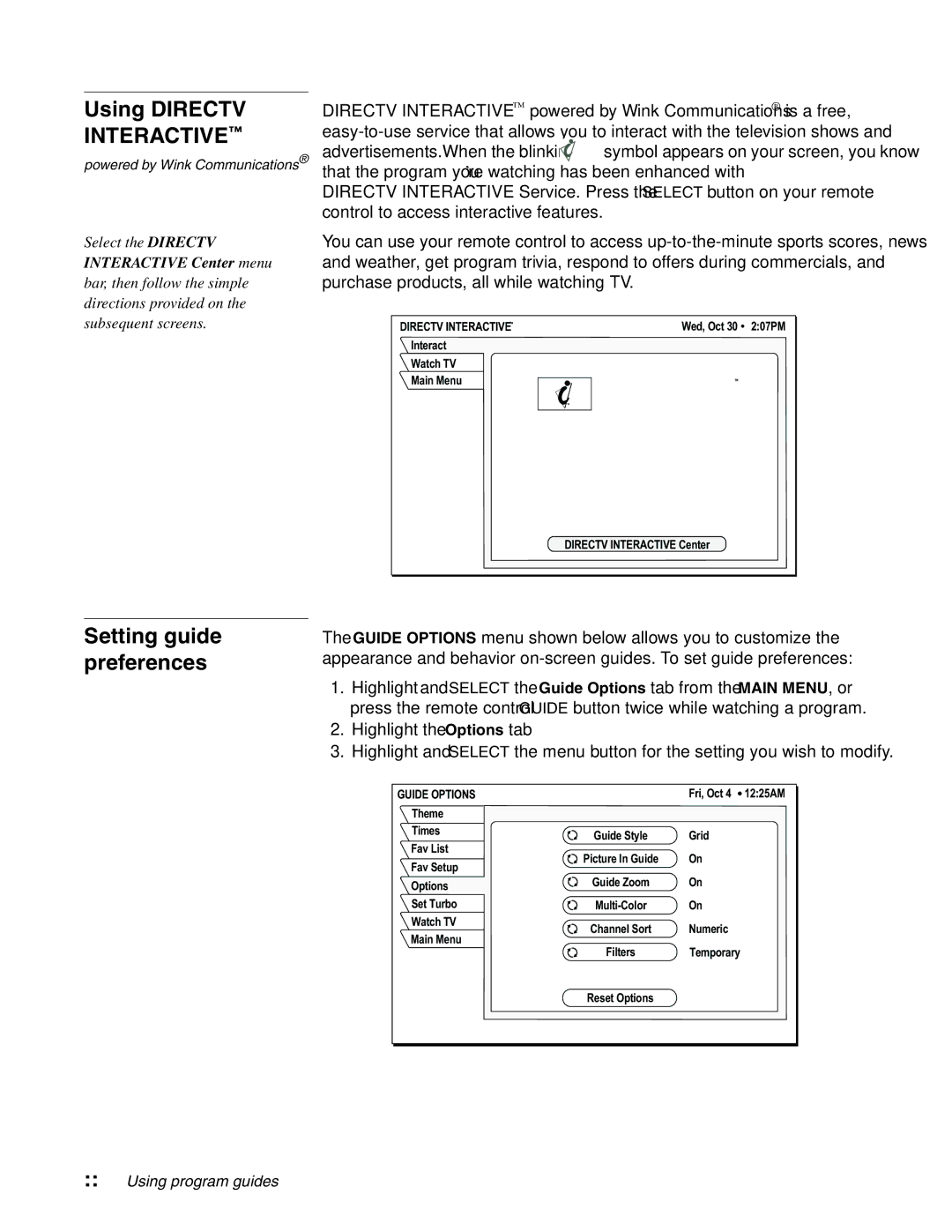 DirecTV HAH-SA manual Using Directv, Setting guide preferences, Directv Interactivetm 