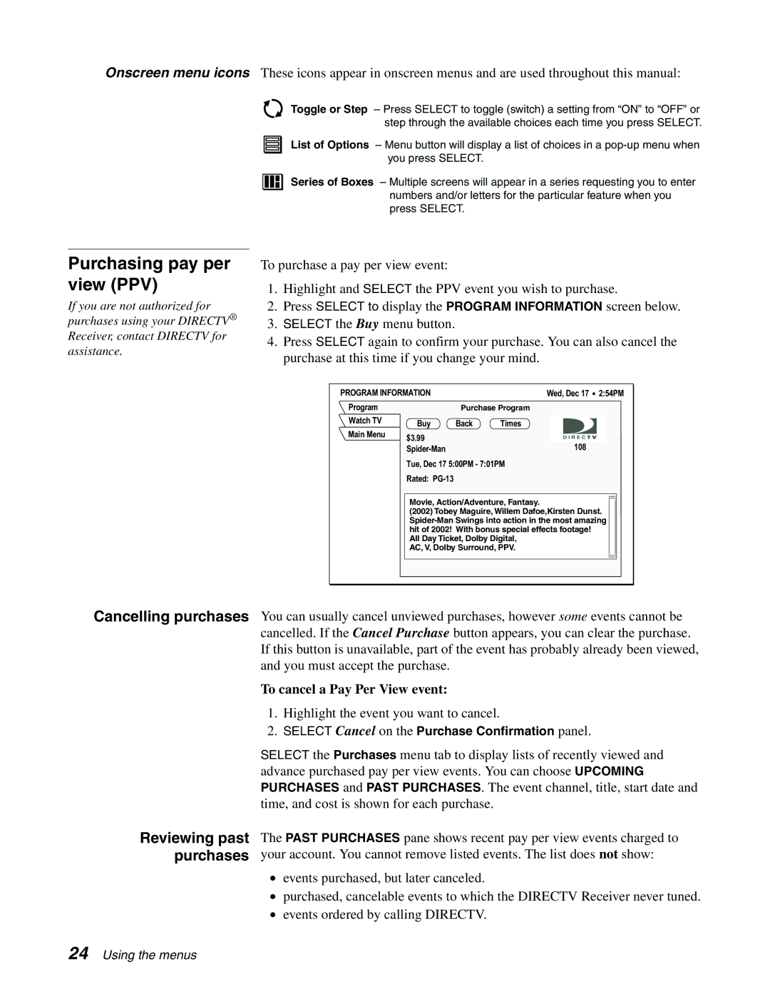 DirecTV HAH-SA manual Purchasing pay per view PPV, Cancelling purchases 