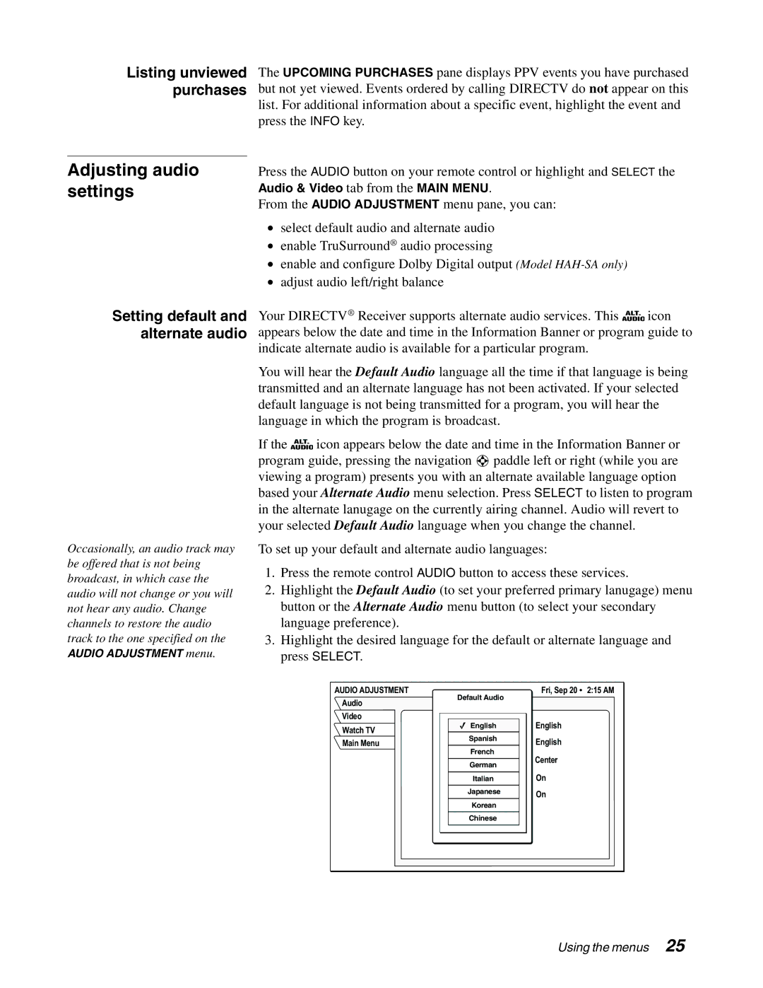 DirecTV HAH-SA manual Adjusting audio settings, Setting default and alternate audio, Audio Adjustment 