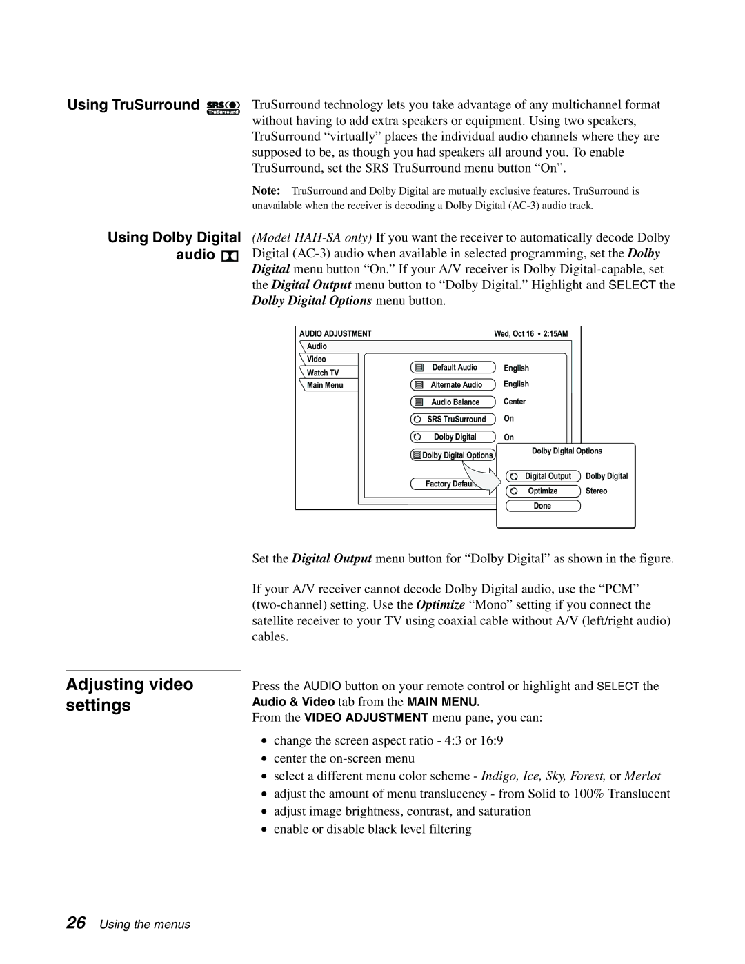 DirecTV HAH-SA manual Adjusting video settings, Using TruSurround 