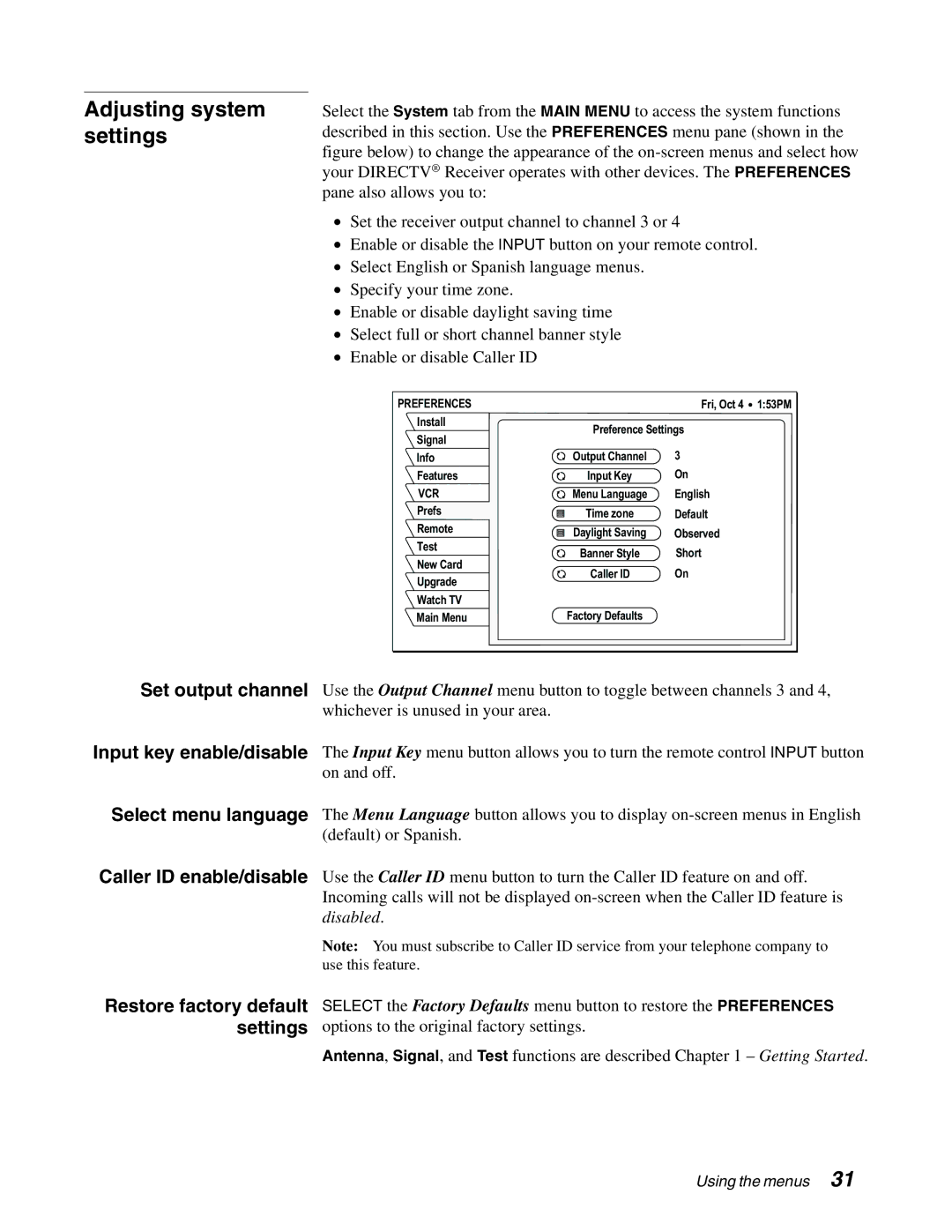 DirecTV HAH-SA manual Adjusting system settings 