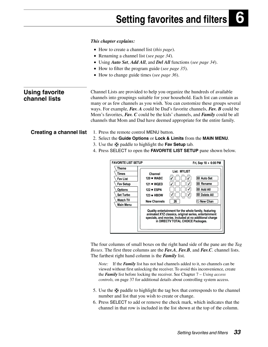 DirecTV HAH-SA manual Setting favorites and filters, Using favorite channel lists 