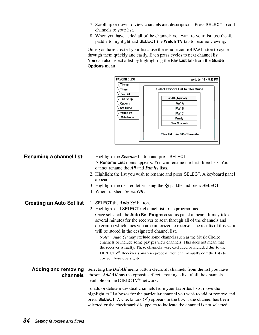 DirecTV HAH-SA manual Creating an Auto Set list 1. Select the Auto Set button, Adding and removing channels, Favorite List 