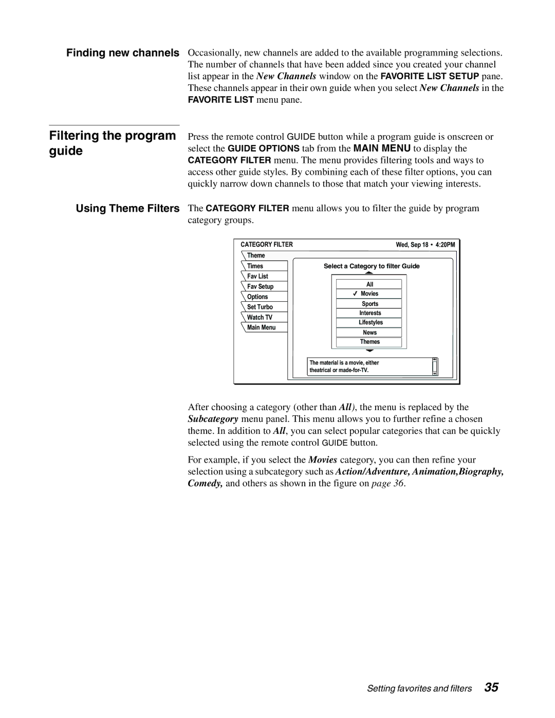 DirecTV HAH-SA manual Filtering the program guide, Category Filter 