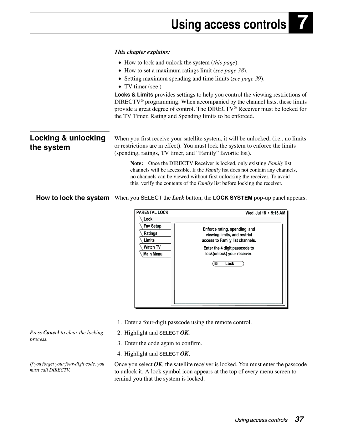 DirecTV HAH-SA manual Using access controls, How to lock the system 