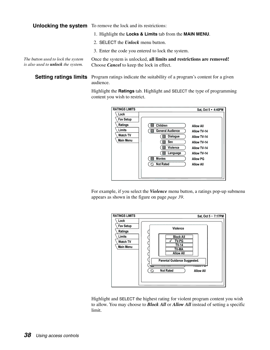 DirecTV HAH-SA manual Unlocking the system, Setting ratings limits, Ratings Limits 